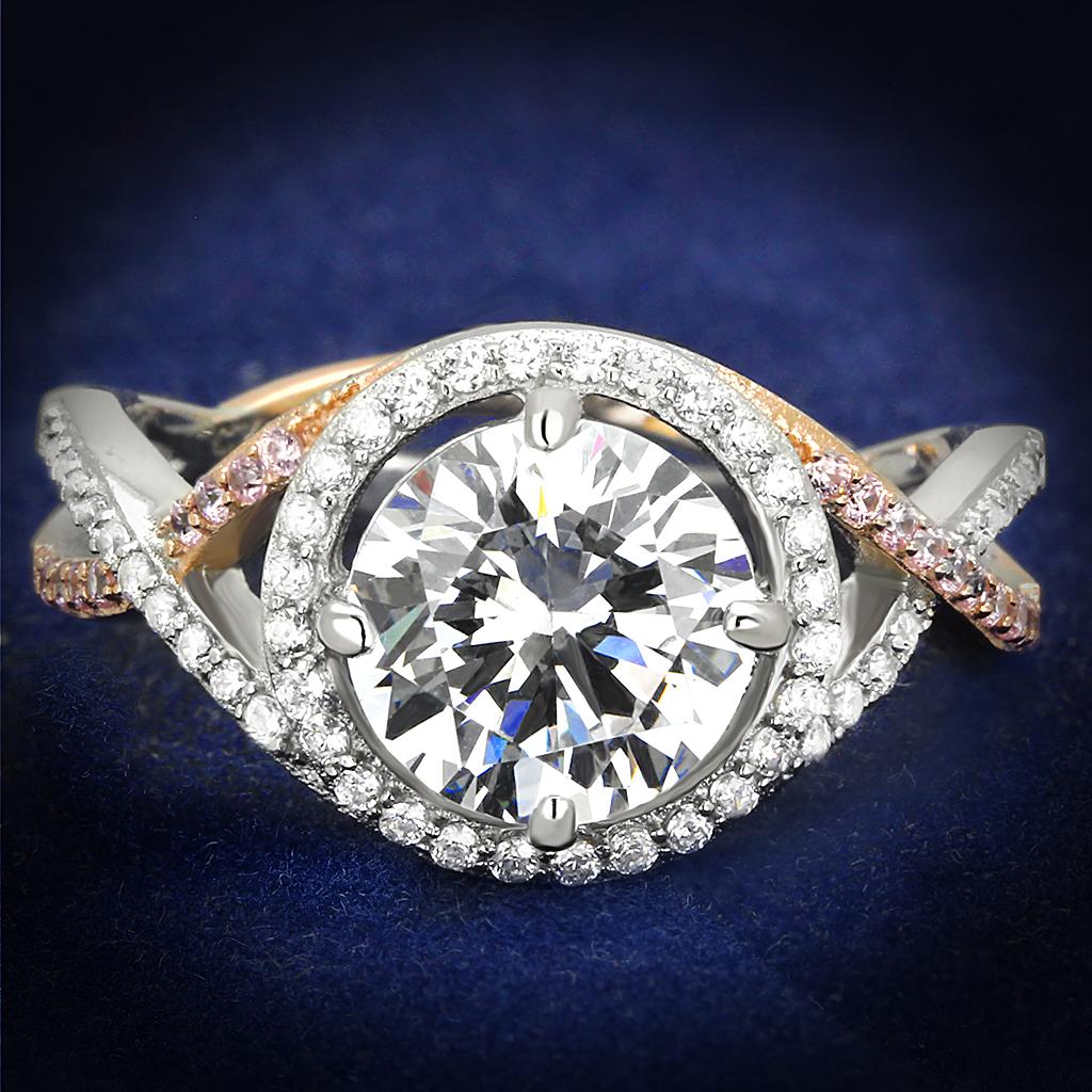 Rose Gold + Rhodium 925 Sterling Silver Ring with AAA Grade CZ  in Clear