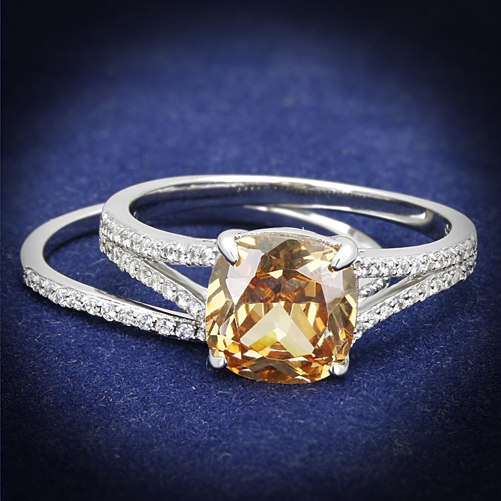 Rhodium 925 Sterling Silver Ring with AAA Grade CZ  in Champagne