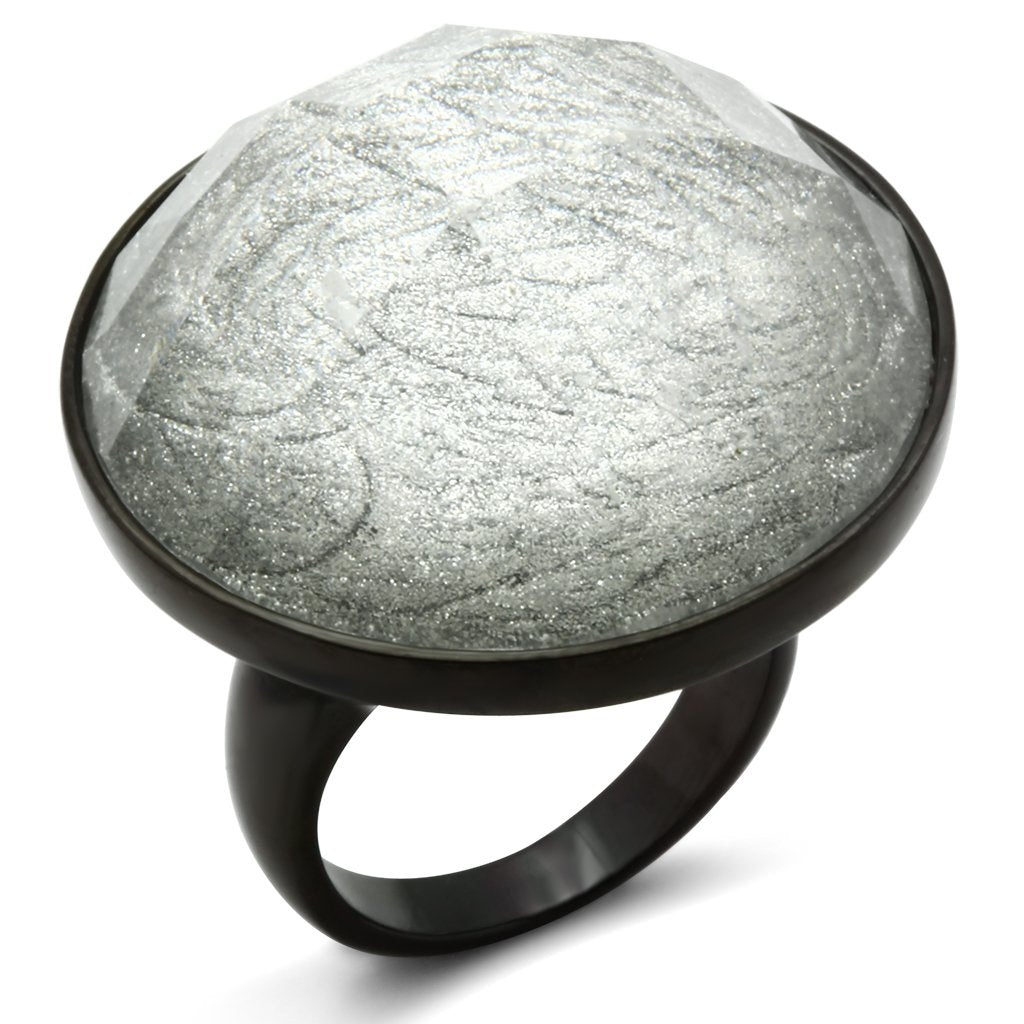 IP Black(Ion Plating) Brass Ring with Synthetic Synthetic Stone in Light Gray