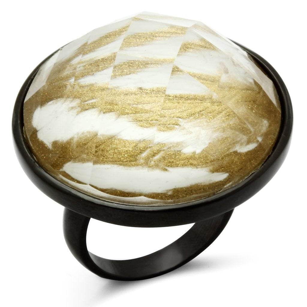 IP Black(Ion Plating) Brass Ring with Synthetic Synthetic Stone in Brown