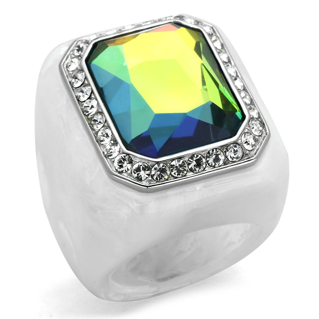 High polished (no plating) Stainless Steel Ring with Synthetic Synthetic Stone in Aquamarine AB