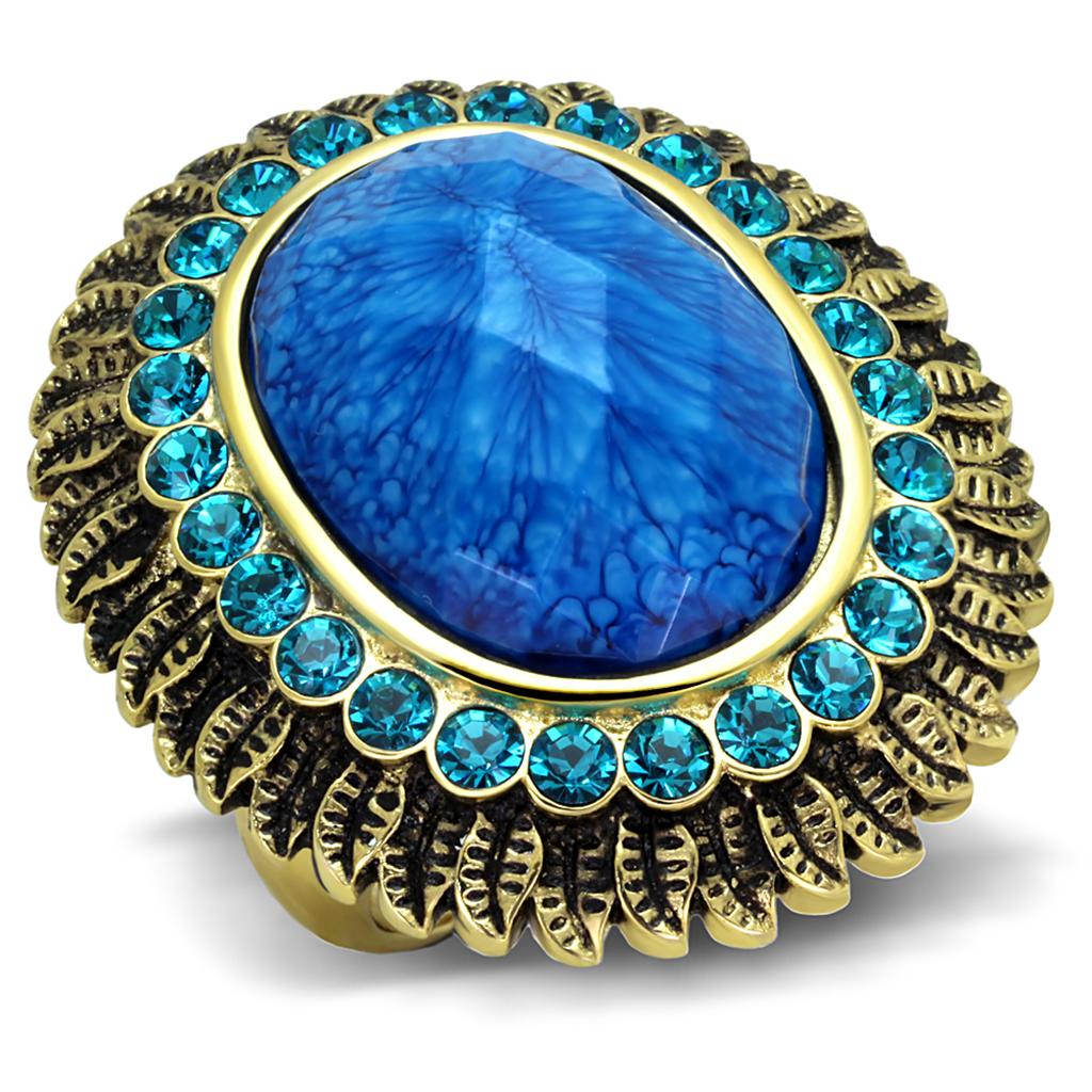 IP Gold(Ion Plating) Stainless Steel Ring with Synthetic Synthetic Stone in Sea Blue